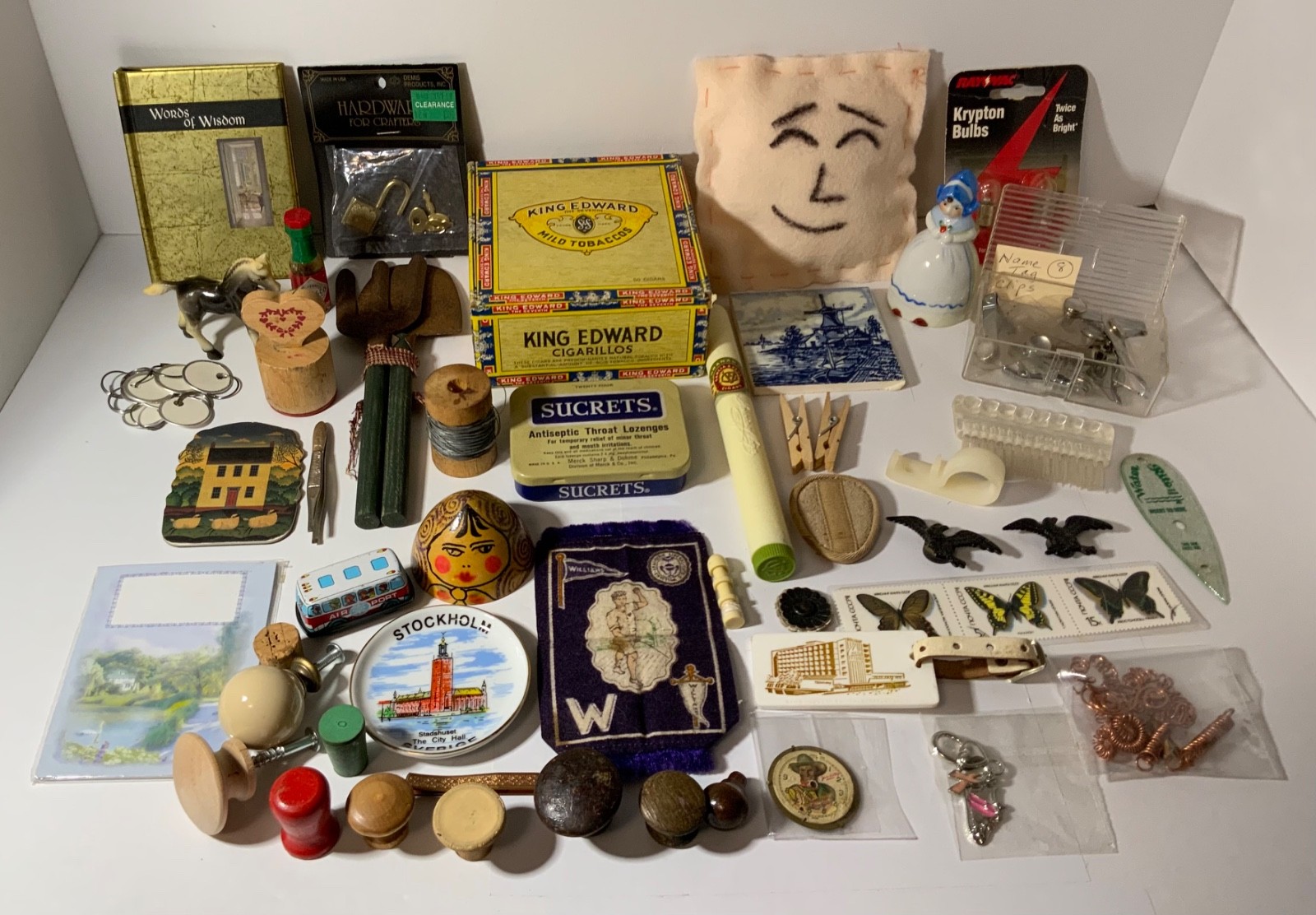 VTG Junk Drawer Lot Assemblage Art Mixed Media Crafts 2# Delft, Cigar Box, Knobs