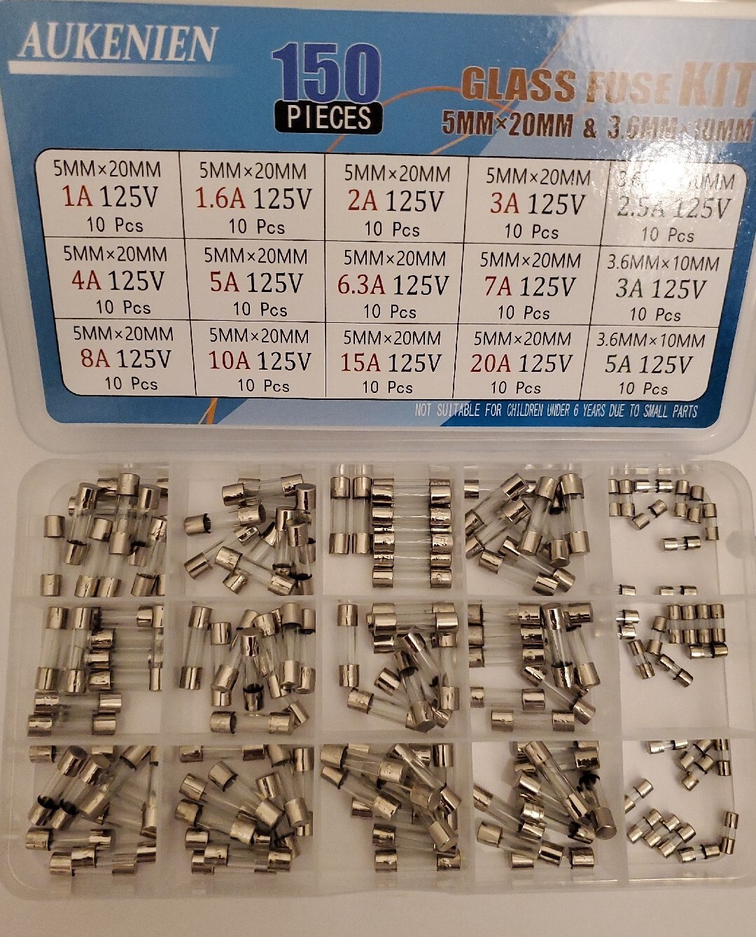 AUKENIEN Fast Blow Glass Fuses Kit 15 Values 450pcs 5x20mm 2.5A & 3.6x10mm(125V)