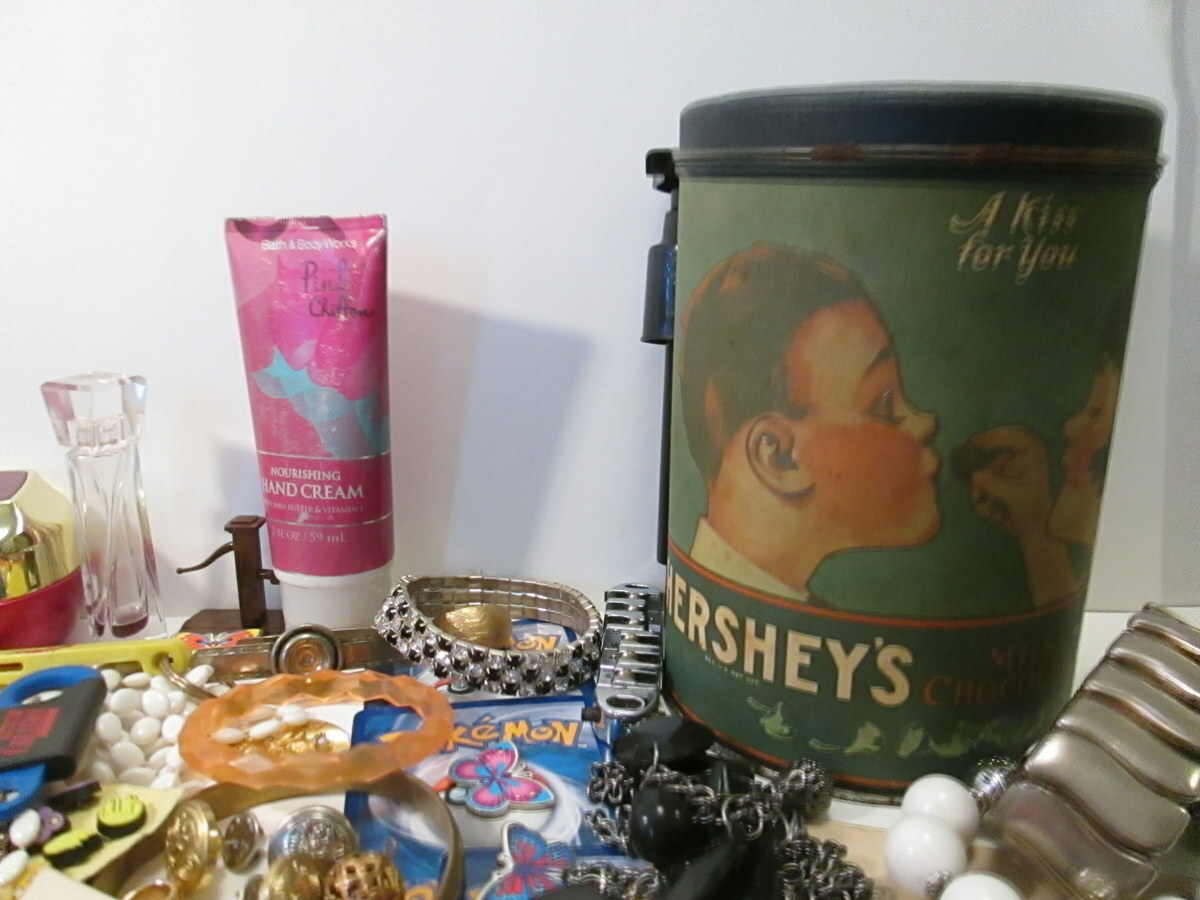 Vintage to Now Junk Drawer Lot Jewelry Pokemon Japan Tin Canister Pins etc