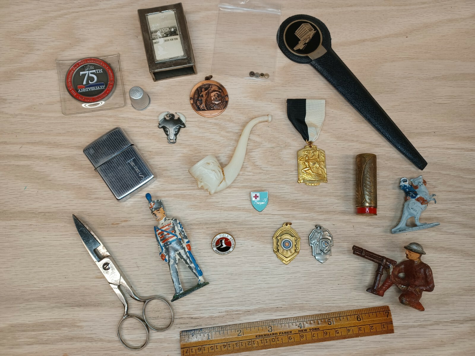 Vintage Junk Drawer Lot Toys Awards Scissors Zippo Pipe
