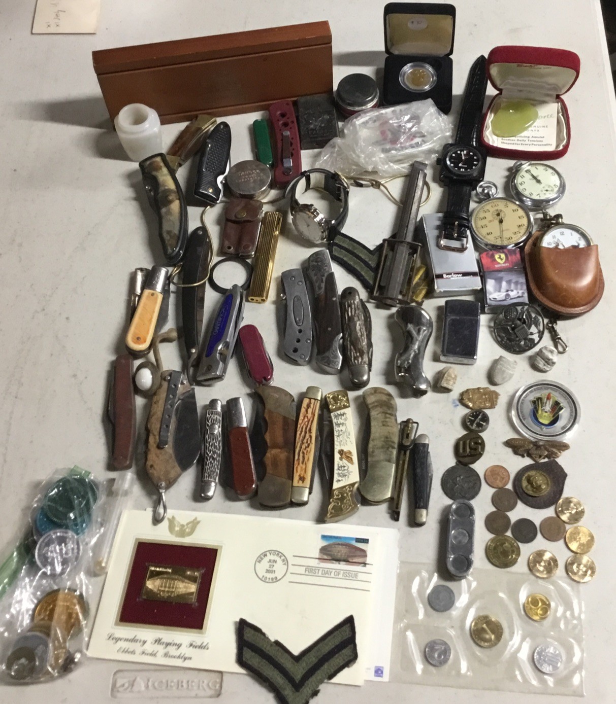 JUNK DRAWER lot Militaria Watches Knives Lighters Coins Tokens Vial of Gold