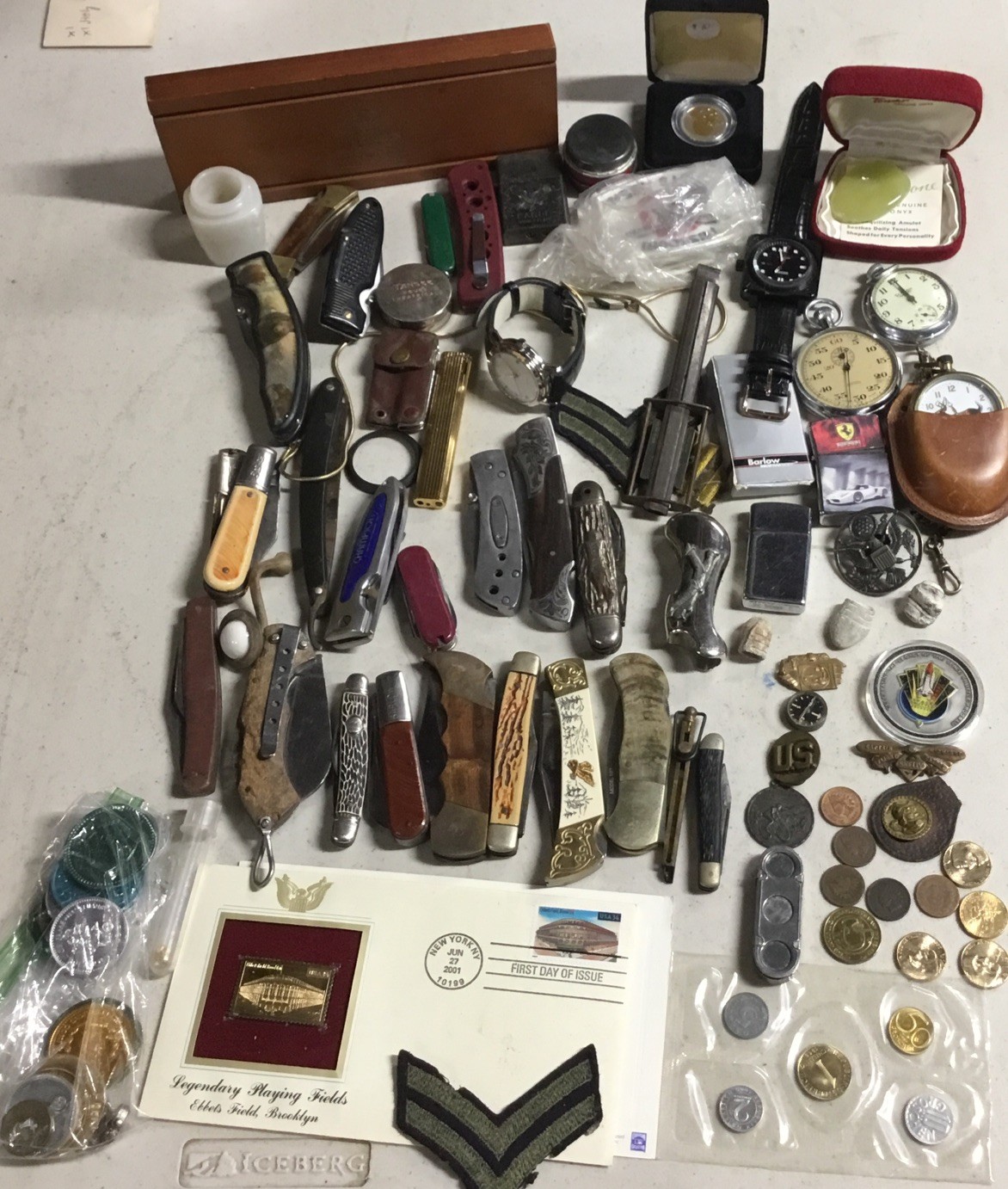 JUNK DRAWER lot Militaria Watches Knives Lighters Coins Tokens Vial of Gold
