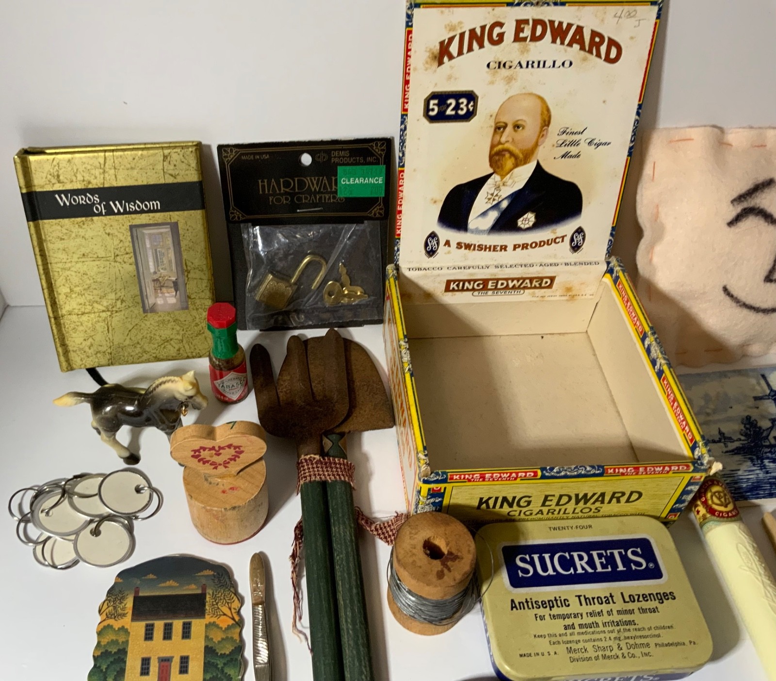 VTG Junk Drawer Lot Assemblage Art Mixed Media Crafts 2# Delft, Cigar Box, Knobs