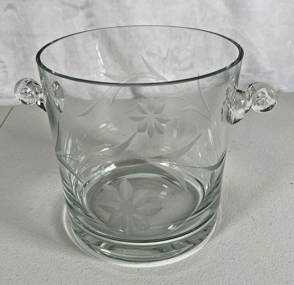 Ice Bucket Floral Etched Glass Pail Wine Curly Handle Barware Romance 5.25″x5.5″
