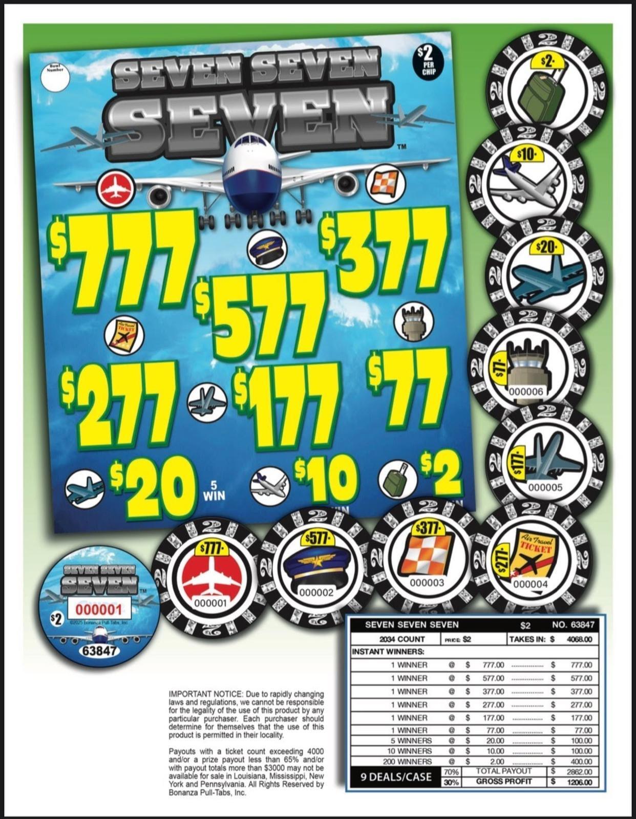Pull Tab Tickets – Chips – Game – $ 2 Ticket – Seven Seven Seven – 2,034 ct