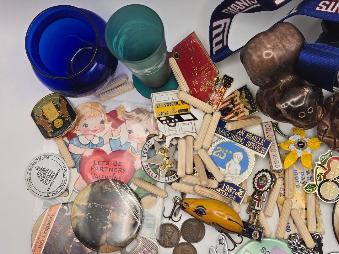 vintage estate junk drawer lot coins salt & pepper shaker cobalt blue lapel pins