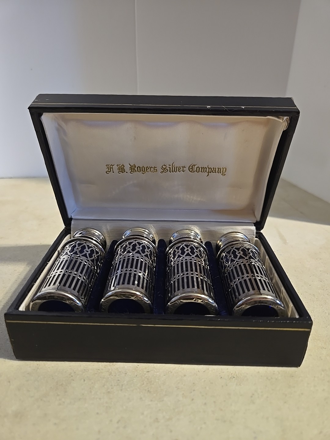 F.B. Rogers Silver Company Silver Plated Case & Lids Glass Salt & Pepper Shakers