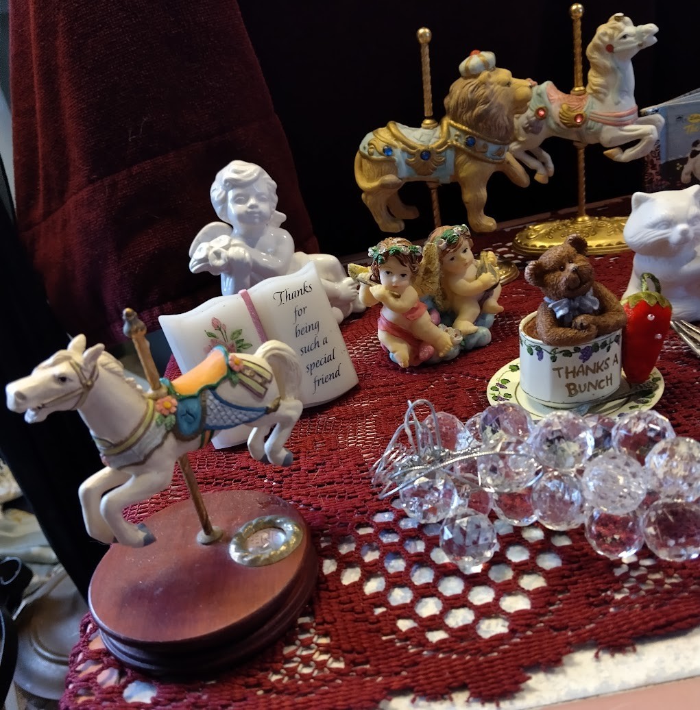 Vtg Treasure Junk Drawer Carousel horses and lion Miniatures silverware figurine