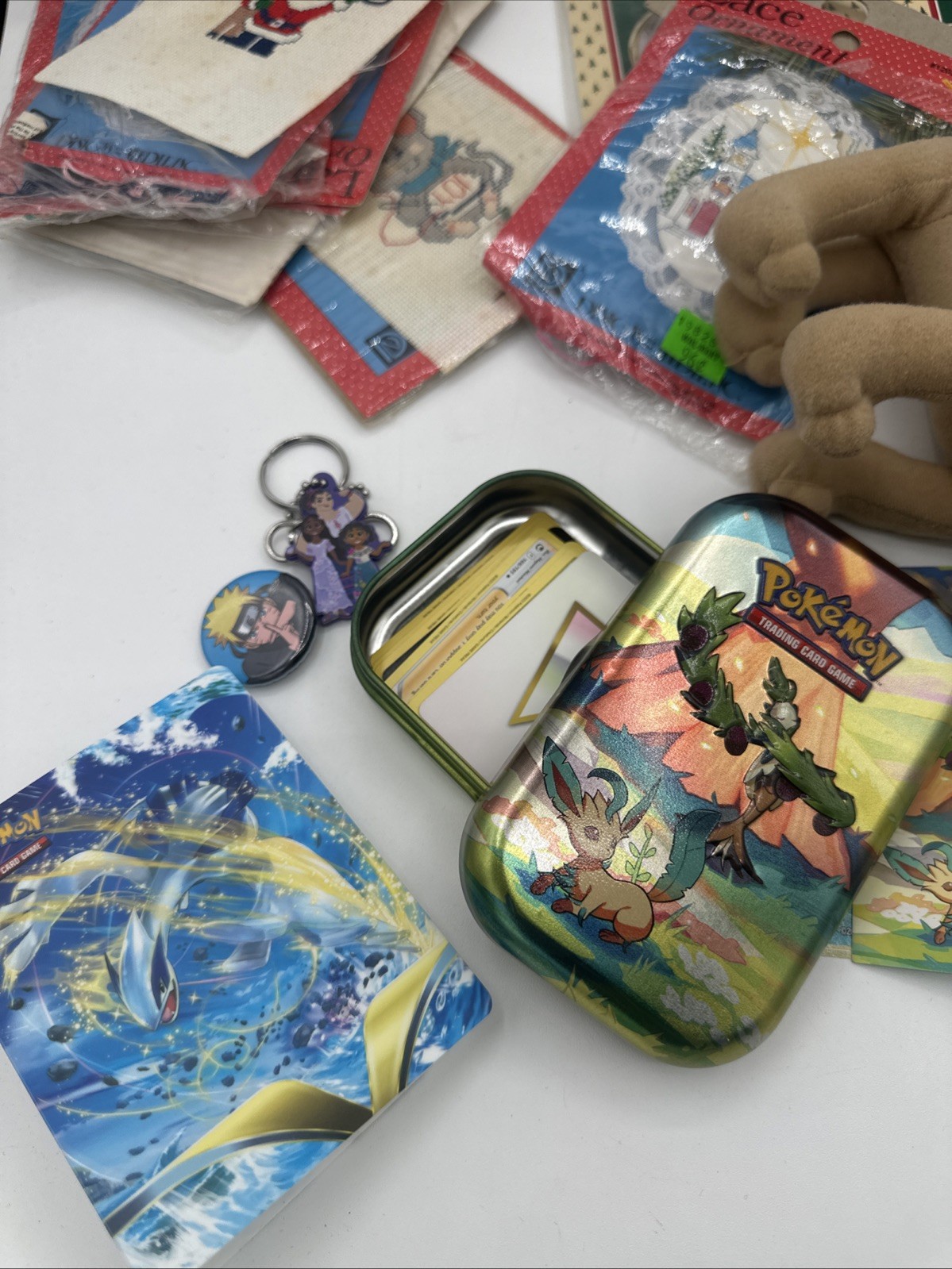 Junk Drawer Lot Miscellaneous VTG Cross Stitch Pokemon Cards Xmas Friends Naruto