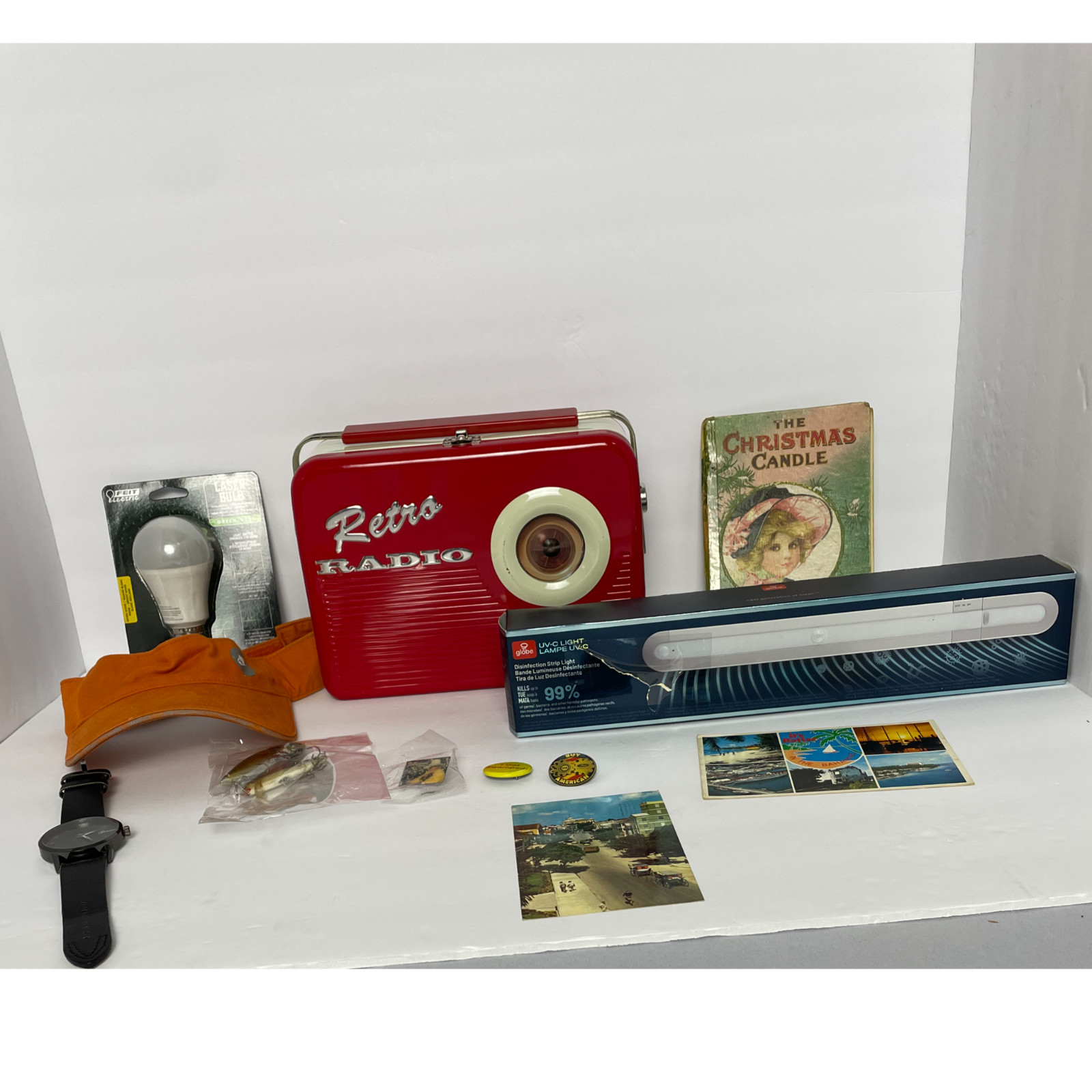 Vintage Collectible Junk Drawer Lot Retro Radio Lunch Box Nike Visor Pins Lures