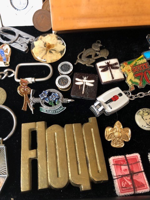 Junk Drawer Lot estate coins keychains pins box keys brass belt buckle stamps