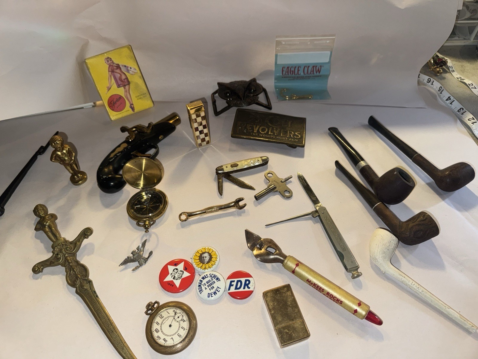 Gentleman’s 24 Pc Lot VTG WW2 Collectibles Pipes Knives Waltham Lighter & More!
