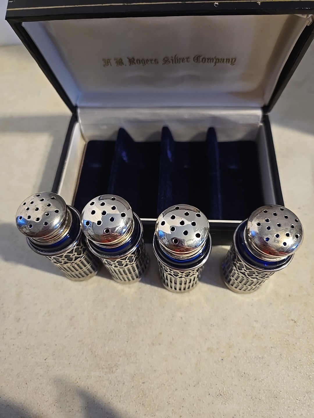 F.B. Rogers Silver Company Silver Plated Case & Lids Glass Salt & Pepper Shakers