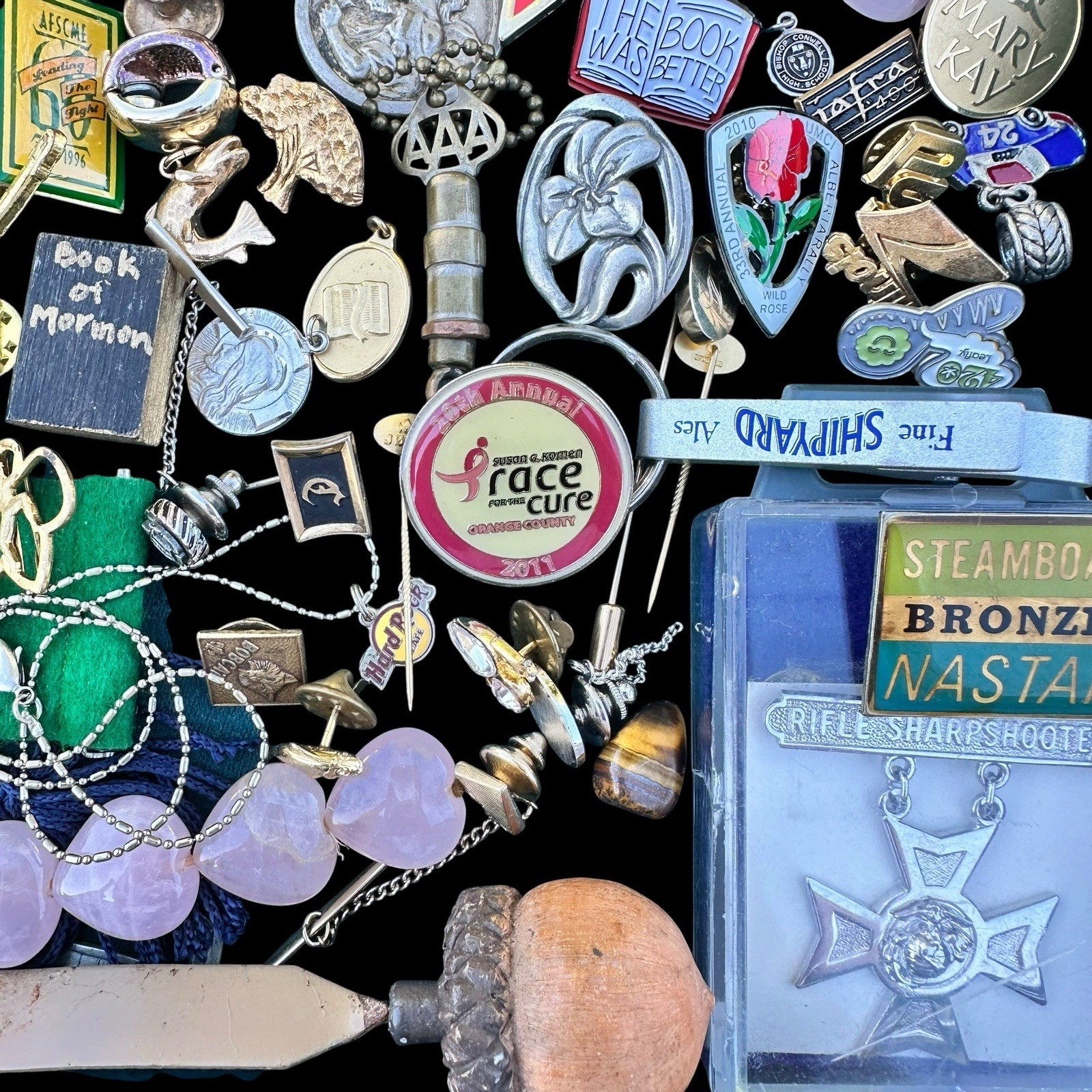 Vintage Junk Drawer Lot Lapel Pins Money Clip Keychain Trinkets Collectible 2 Lb