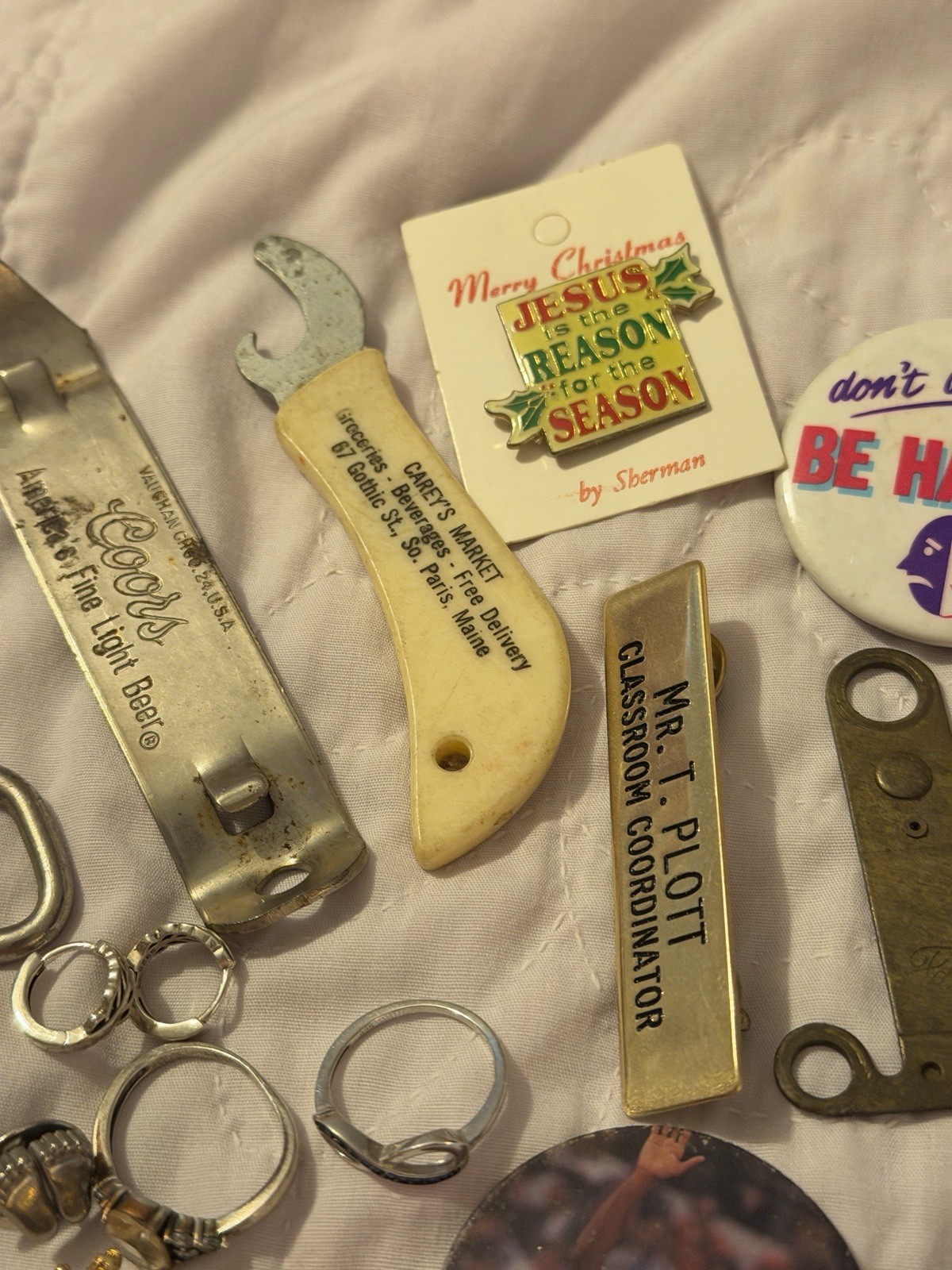 VTG Collectibles Lot: Coins, Pins, Watch, Knife, Shark teeth, junk drawer +++