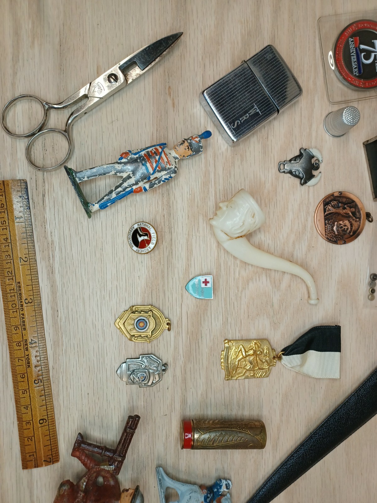 Vintage Junk Drawer Lot Toys Awards Scissors Zippo Pipe