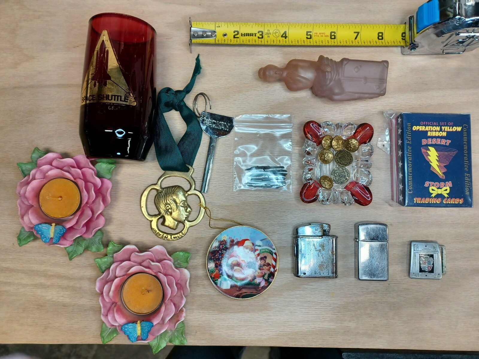 Vintage Junk Drawer Lot Military Buttons Zippo Space Shuttle Cup Lot