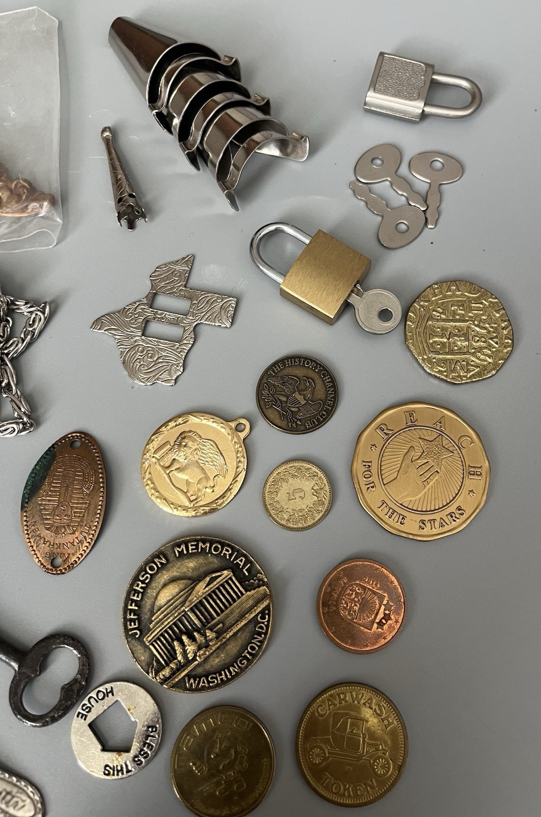 VTG Junk Drawer All Metal Misc Items Coins-Keys-Lock-And More