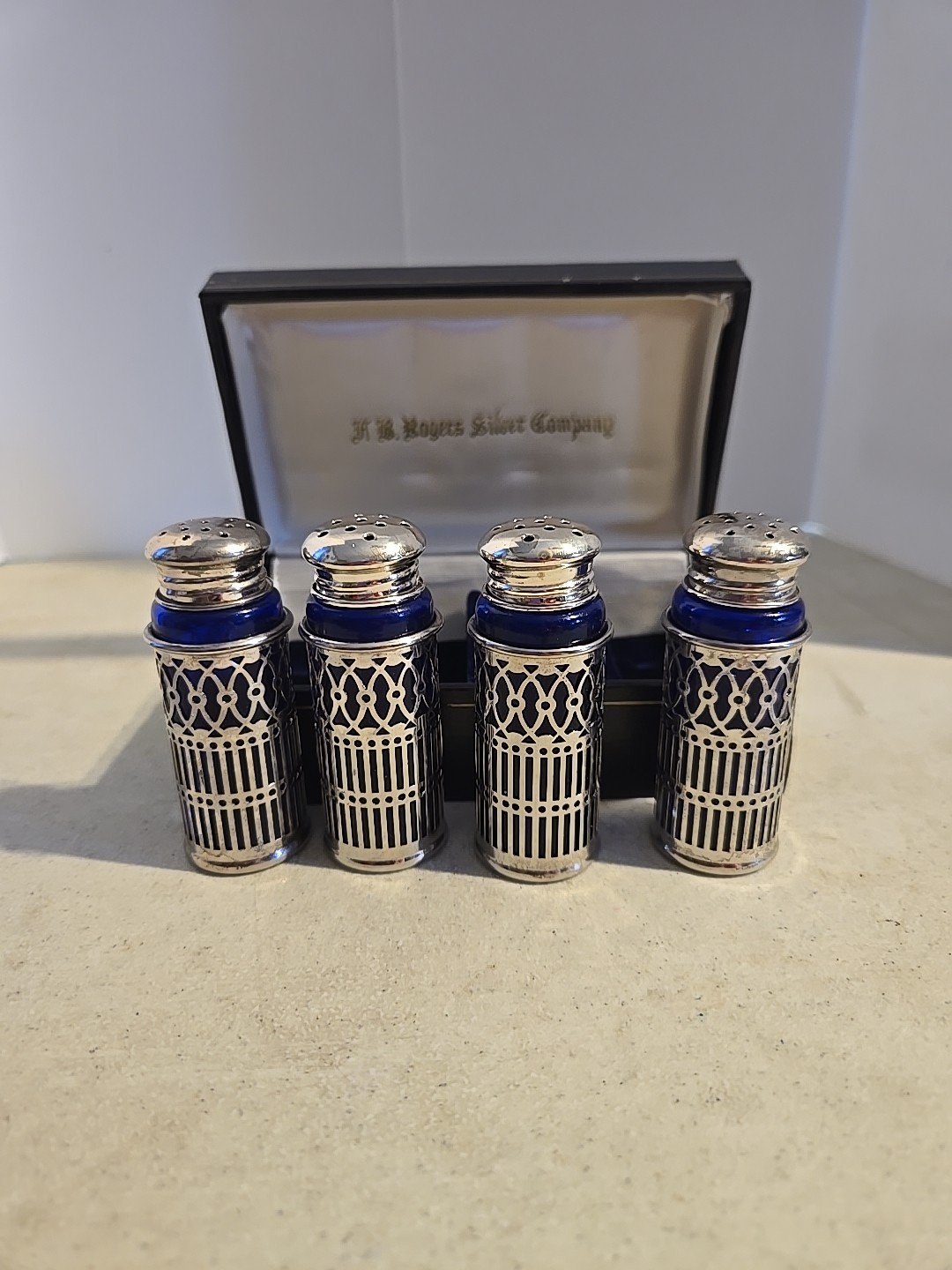 F.B. Rogers Silver Company Silver Plated Case & Lids Glass Salt & Pepper Shakers