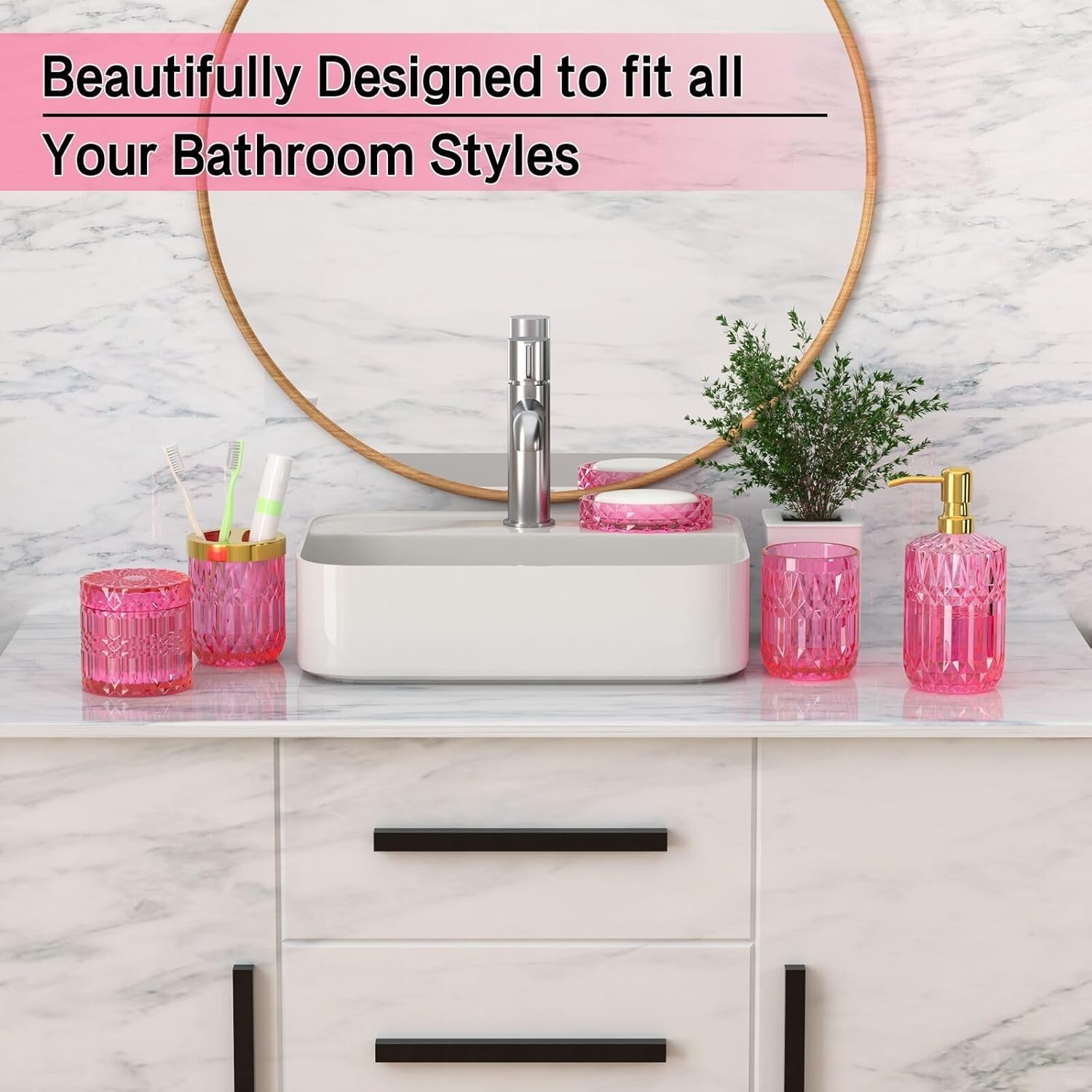 Hot-Pink Glass Bathroom Accessories Set 5 Pcs, Hot-Pink Bathroom Set, Soap …..