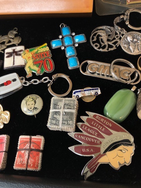 Junk Drawer Lot estate coins keychains pins box keys brass belt buckle stamps