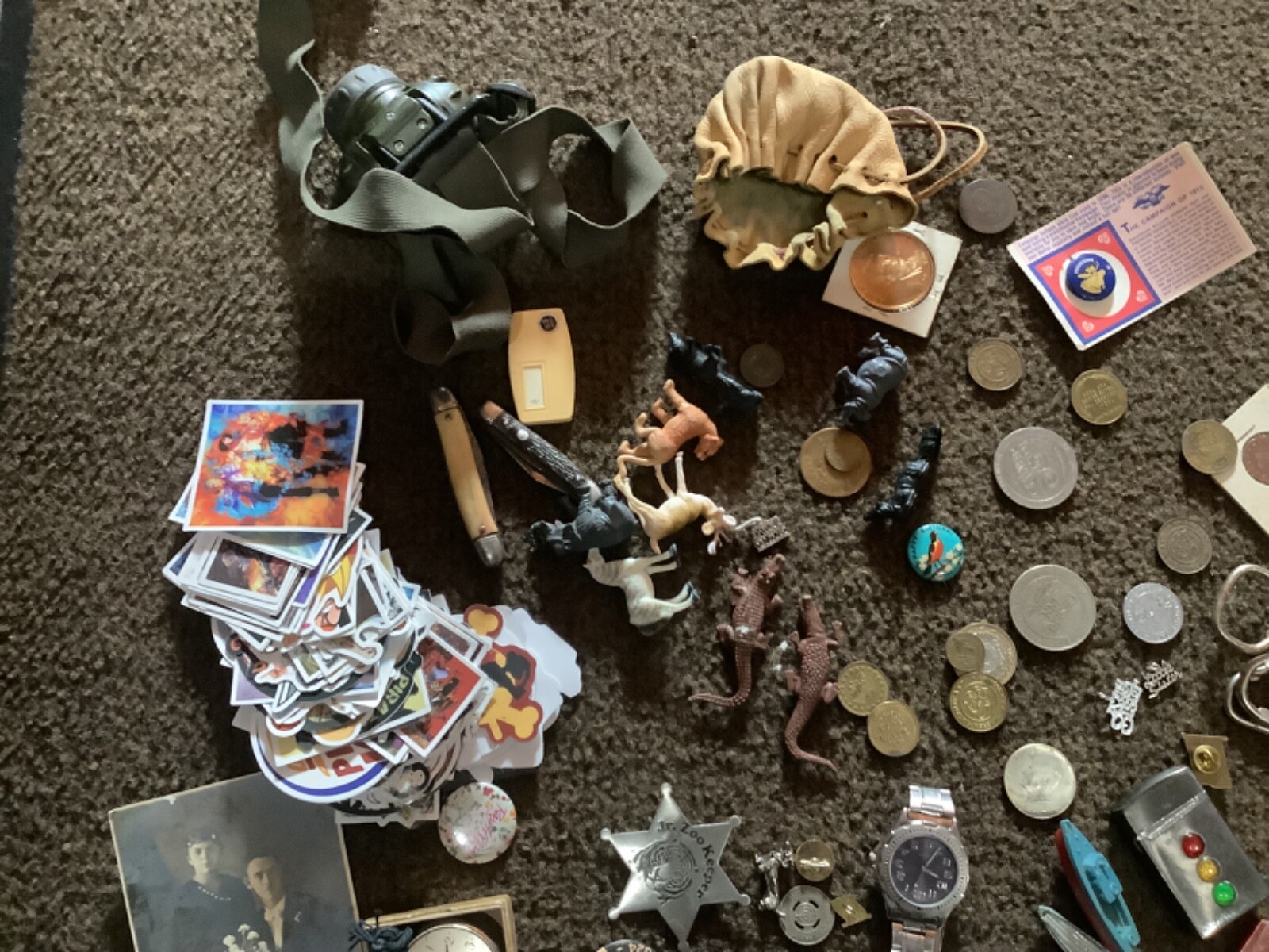 Vintage 0s junk drawer dime toys silver coin pins coins zippo knifes jewelry etc