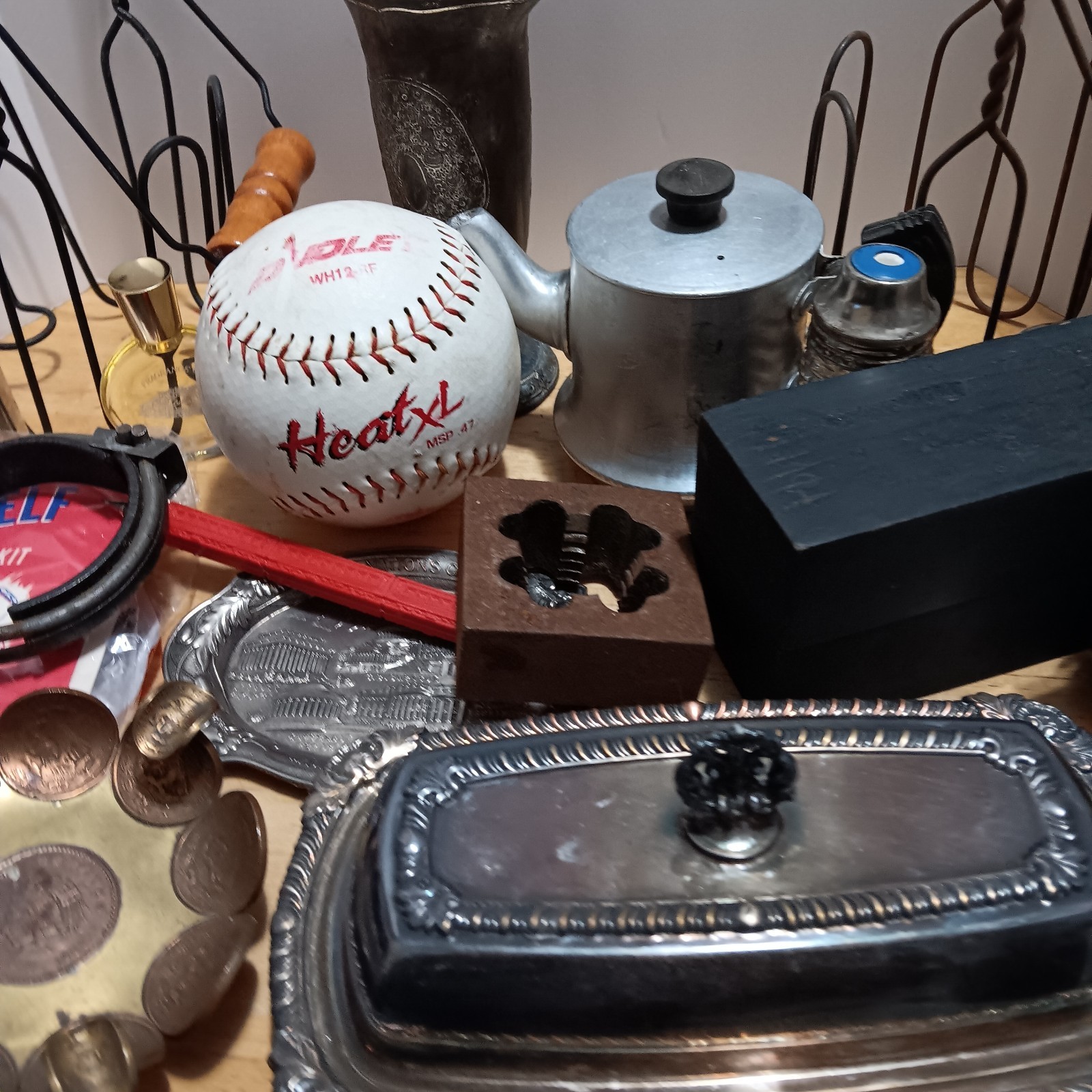 Vintage Estate Lot Mixed Collectibles, Box Stamp Set Coin Ashtray Brass Ducks