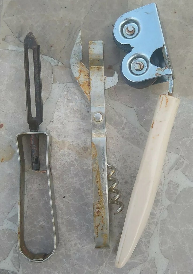 Junk Drawer Lot Mixed Old Flat Ware Can Opener Kitchen Items Rusty Vintage AS IS