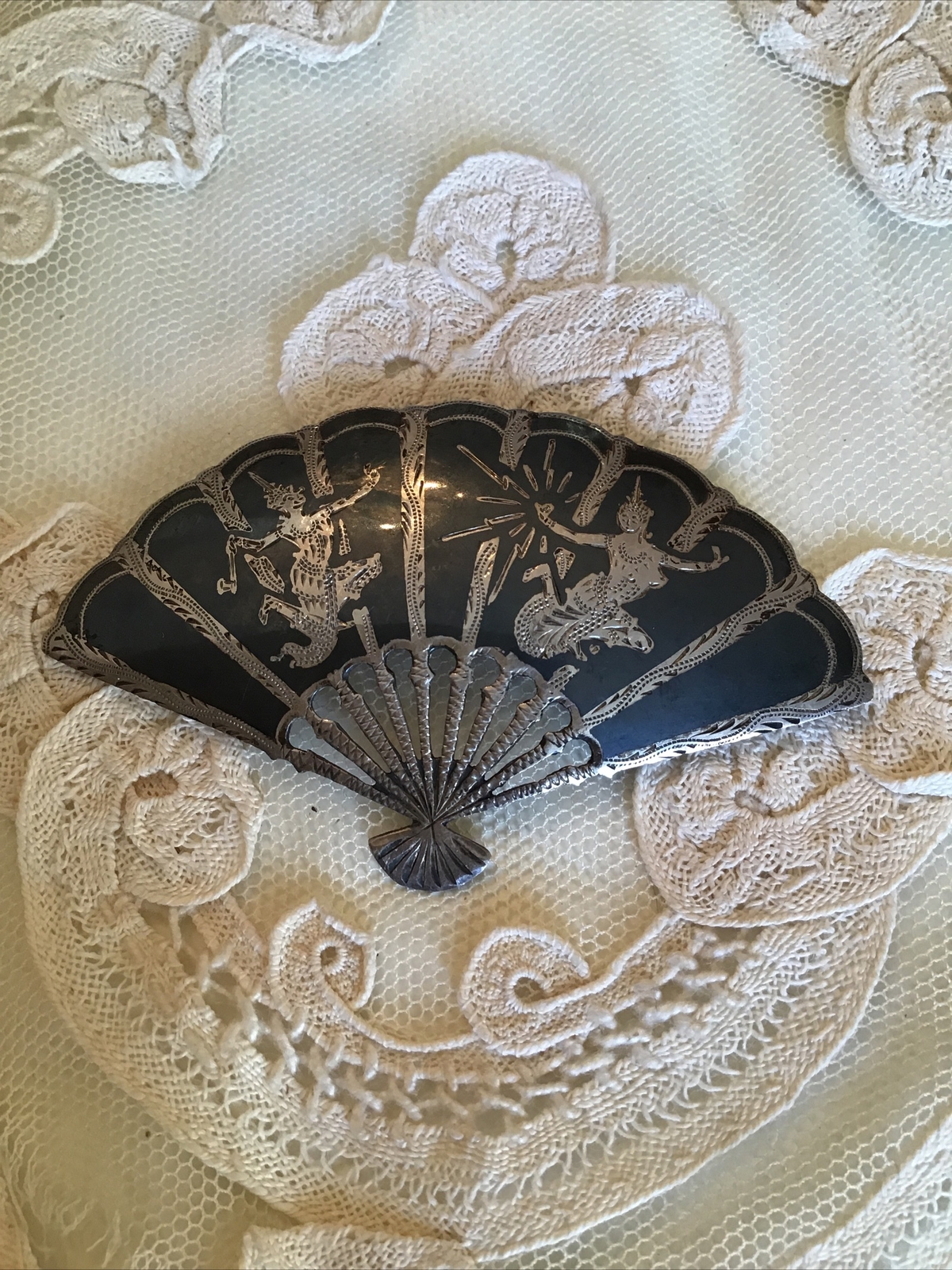 Vtg Large Sterling Siam Fan Pin 3” Wide