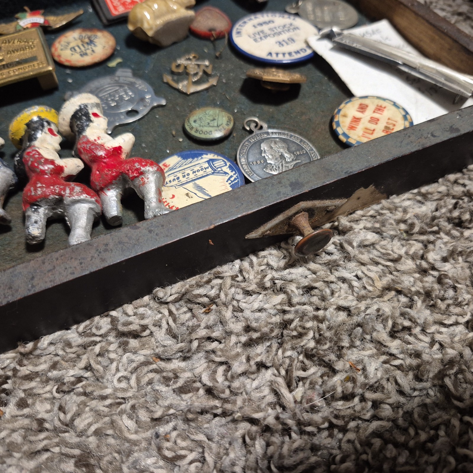 Vintage Junk Drawer Lot- Advertising, Antiques, Miscellaneous Coins Pins Glass!