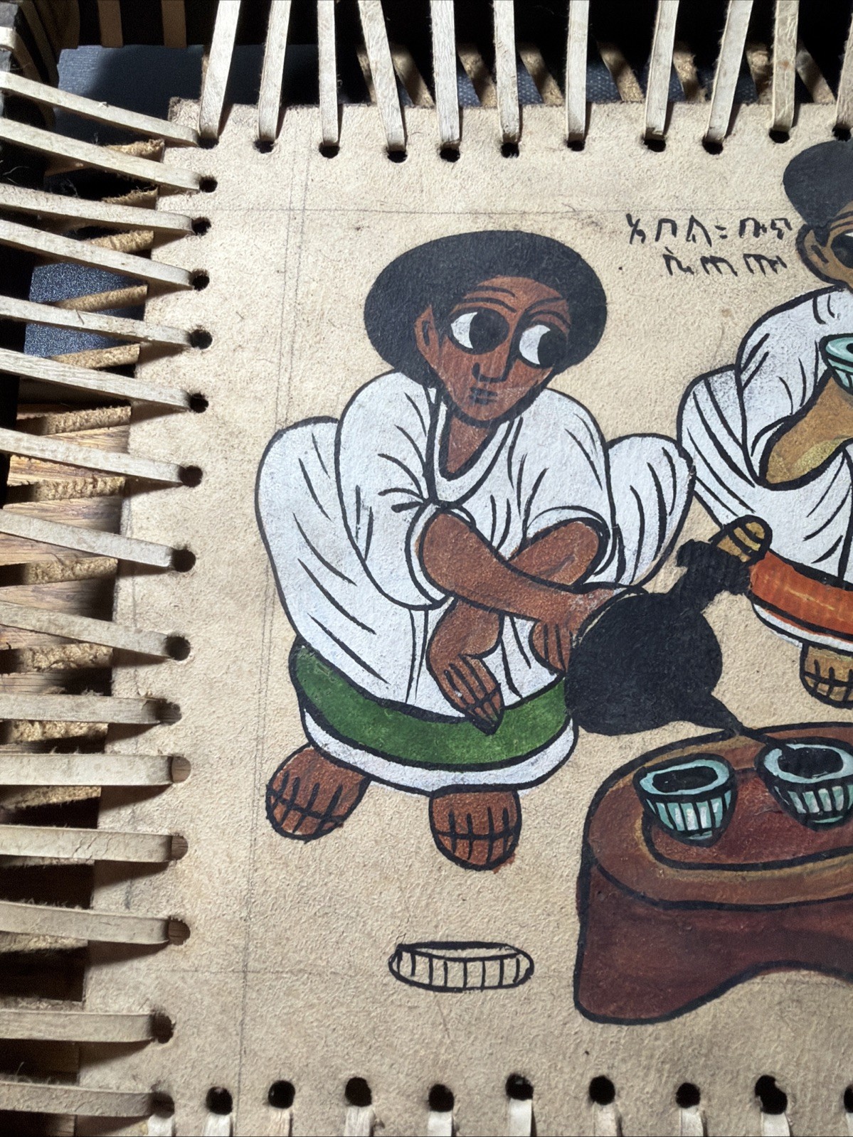 Ethiopian Folk Art Hand-Painted on Leather 13×17 Traditional Wooden Frame Box 2