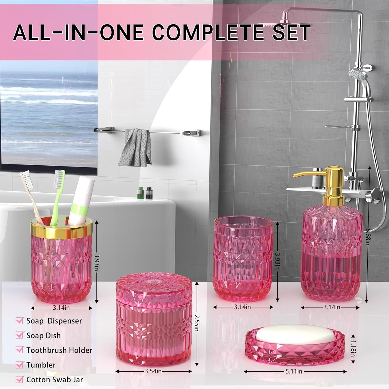 Hot-Pink Glass Bathroom Accessories Set 5 Pcs, Hot-Pink Bathroom Set, Soap …..