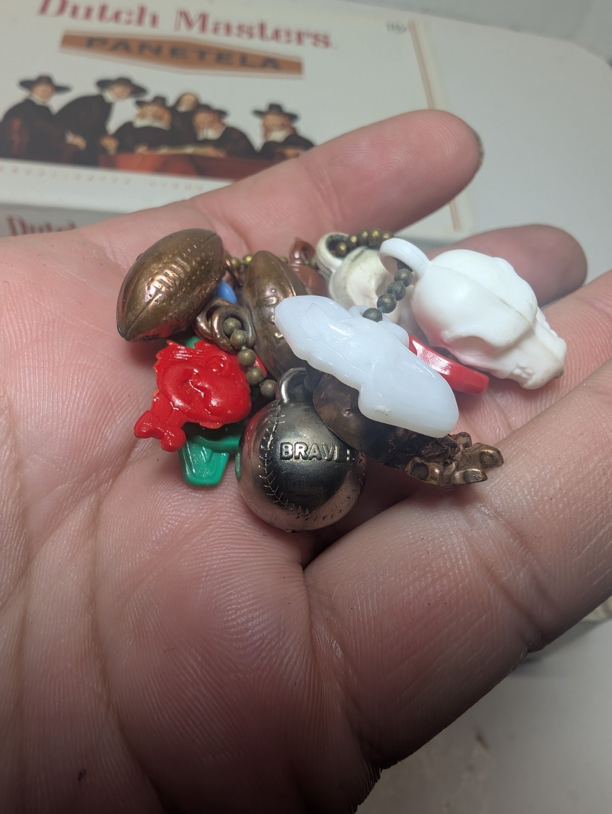 Vintage Cigar Box Junk Drawer Lot Skull Keychains Vintage Football Kutztown Pa