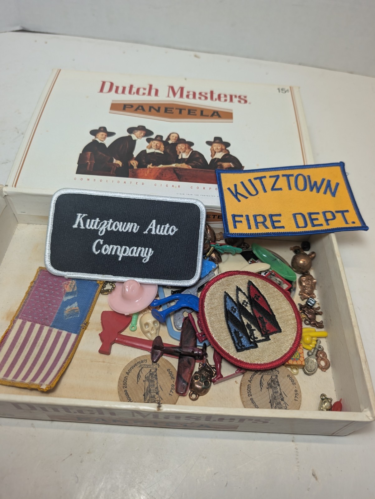 Vintage Cigar Box Junk Drawer Lot Skull Keychains Vintage Football Kutztown Pa
