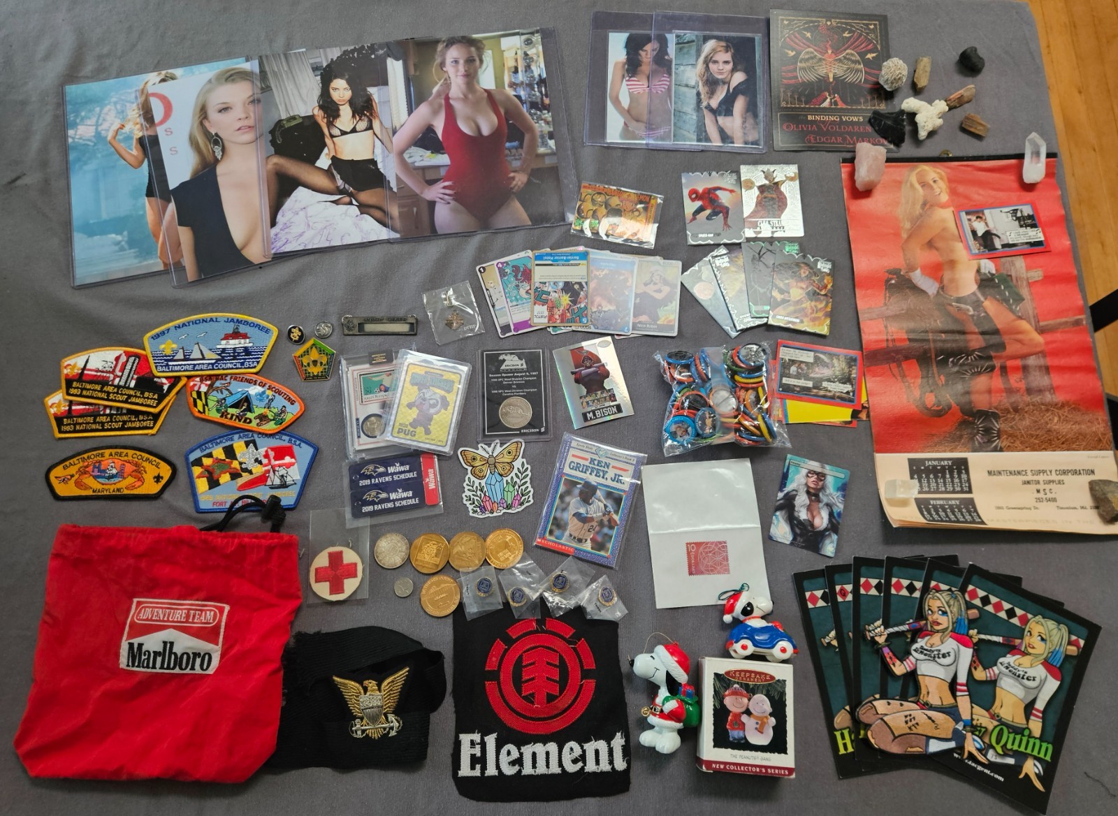 Grandpas Old Junk Drawer Lot of Coins Patches Pin Ups Cards Collectibles Etc