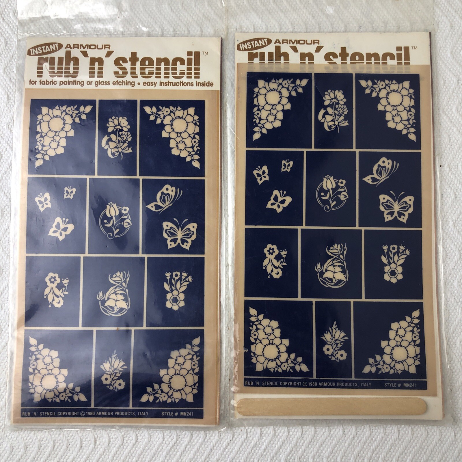 6 Vintage Armour Rub ‘n’ Etch Glass Etching & Fabric Paint Stencils 1980 MIX NOS