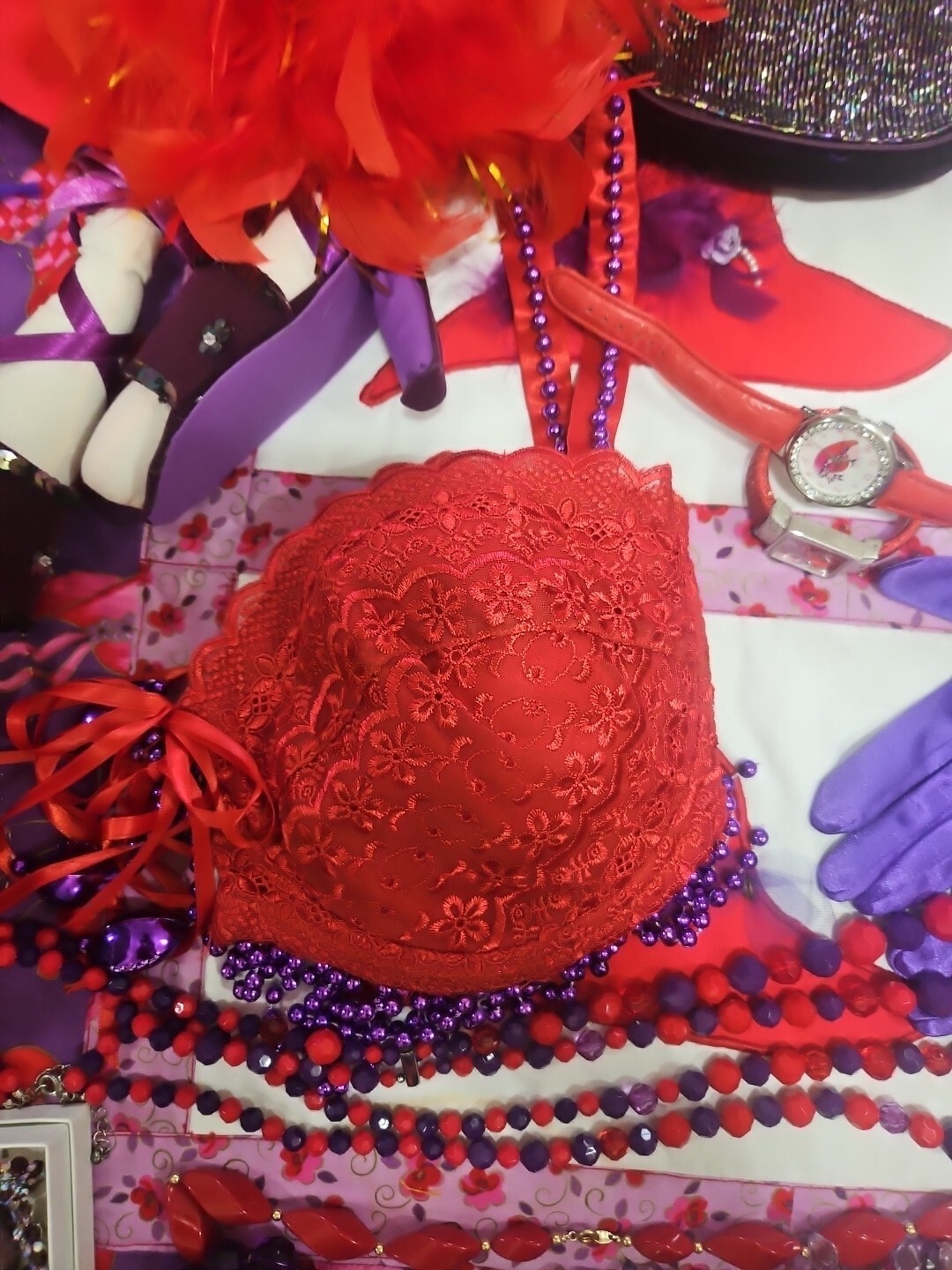 Huge Lot Red Hat Society Jewellry Pins Ornaments Feather Boas Handbags Doll