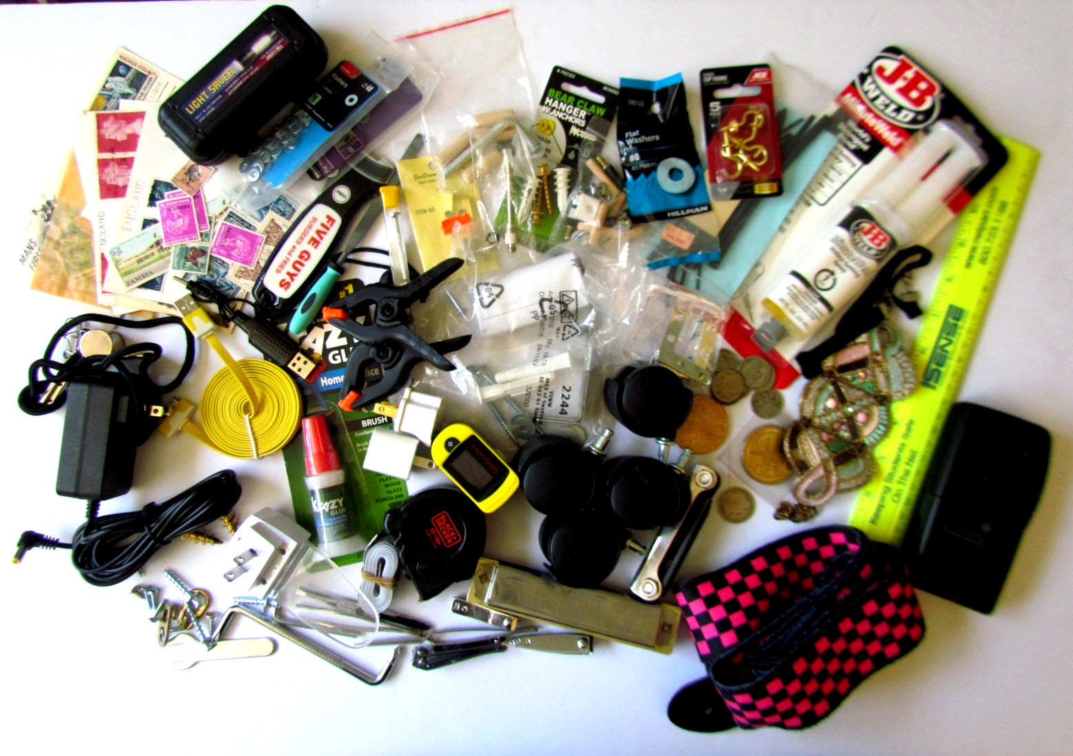 JUNK DRAWER LOT – 4+ lbs. – Coins, Stamps, Guitar Strap, jewelry. harmonica,etc.