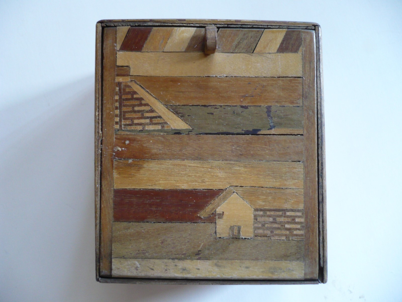 SMALL HAND CRAFTED INLAID WOOD BOX, FOLK ART, WOOD WOODEN CURIO BOX PRIMITIVE