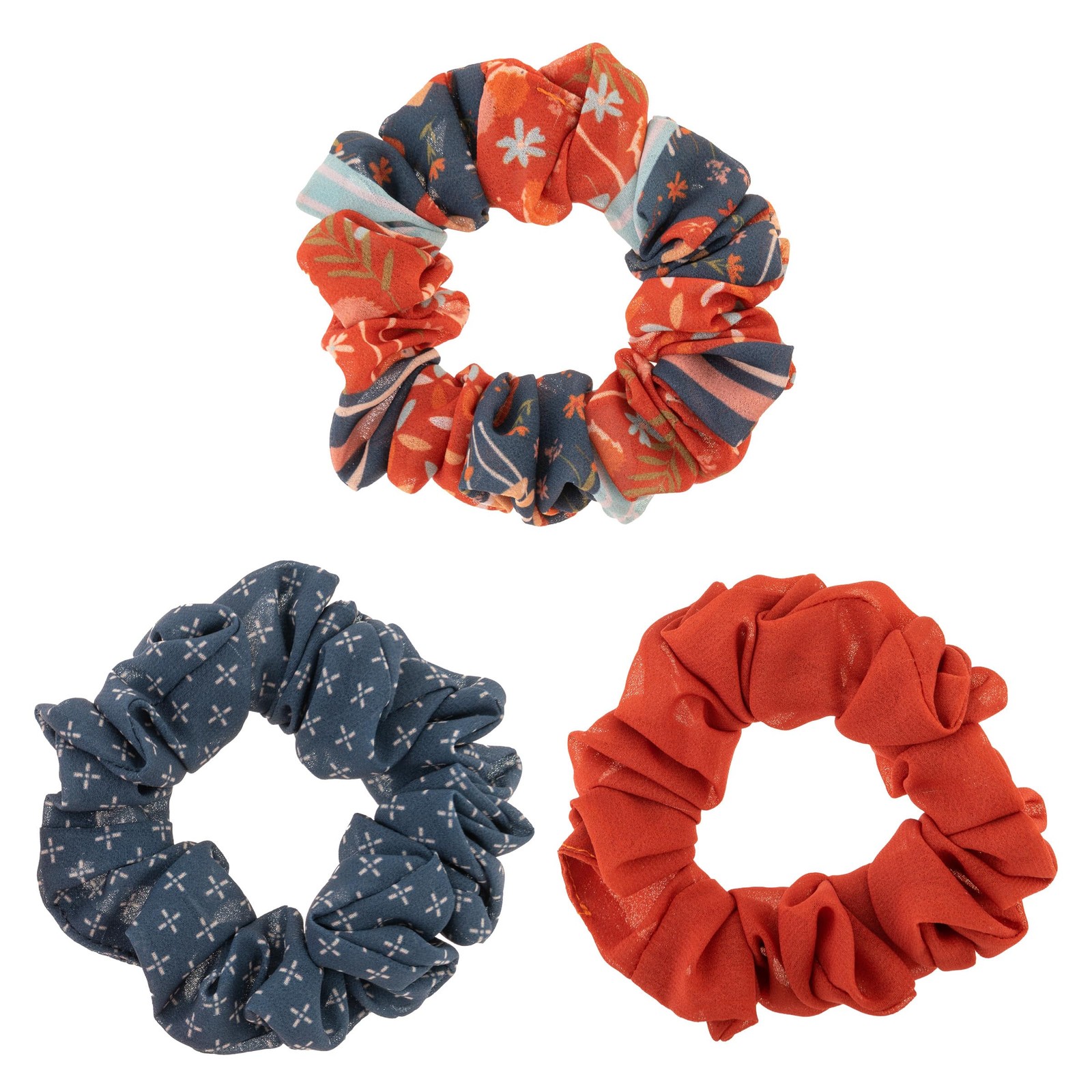 Karma Chiffon Scrunchies Set of 3 Gray Floral Fabric Hair Tie Set Accessory