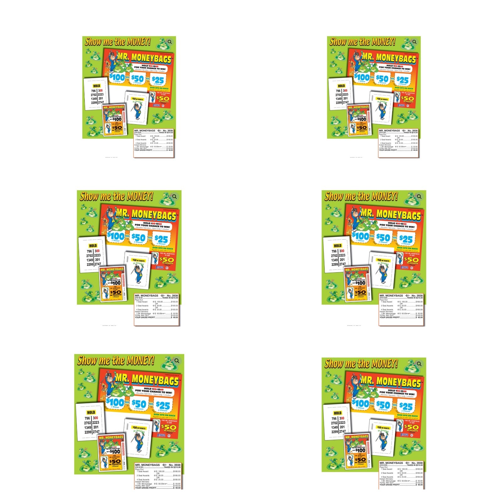 Pull Tab Tickets – Hard Card – Game – 6 Pack – Mr. Money Bags – 210 ct ea