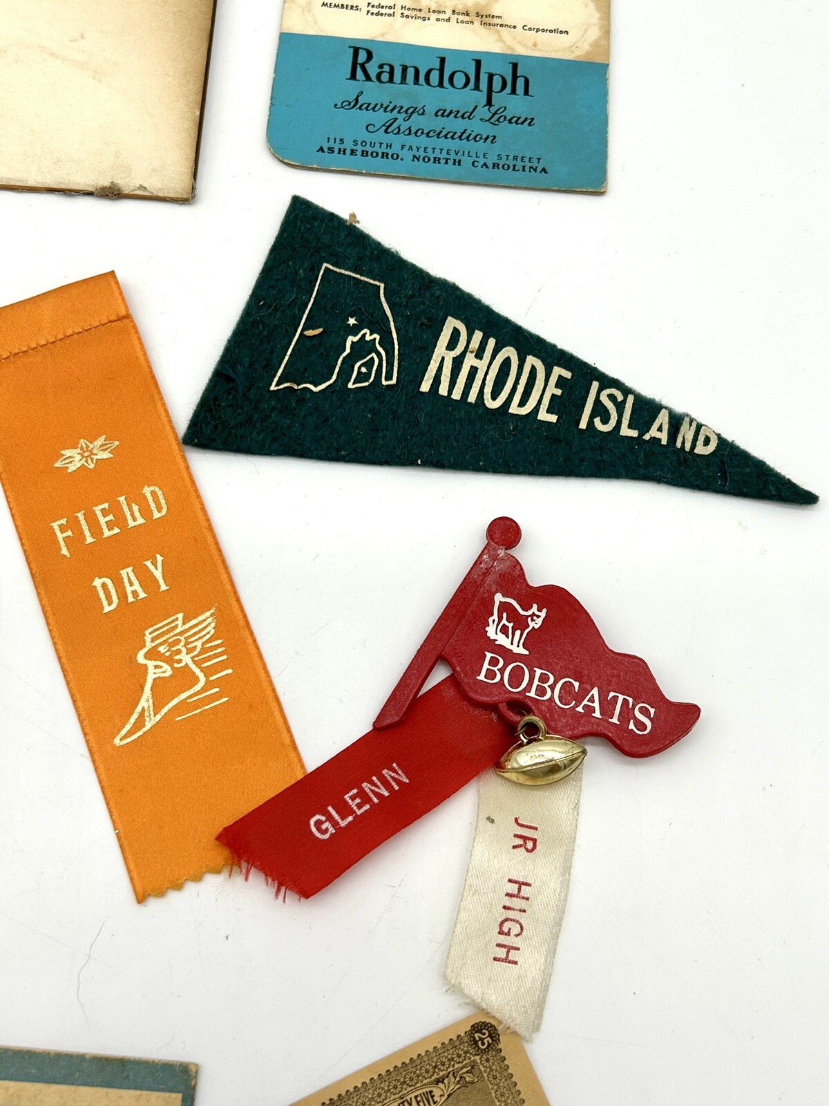 Junk Drawer Of Vintage Items Cards Ribbons Pennant Ring Hat Pin Charm