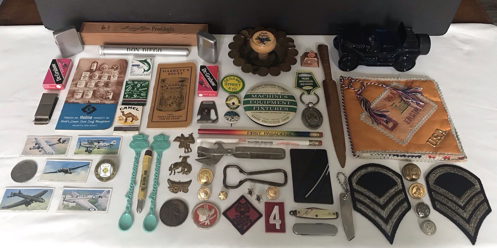 VTG Junk Drawer Estate Lot ~ Military/Avon/Knives/Scout/Seagrams/Zippo/Cigar 55+