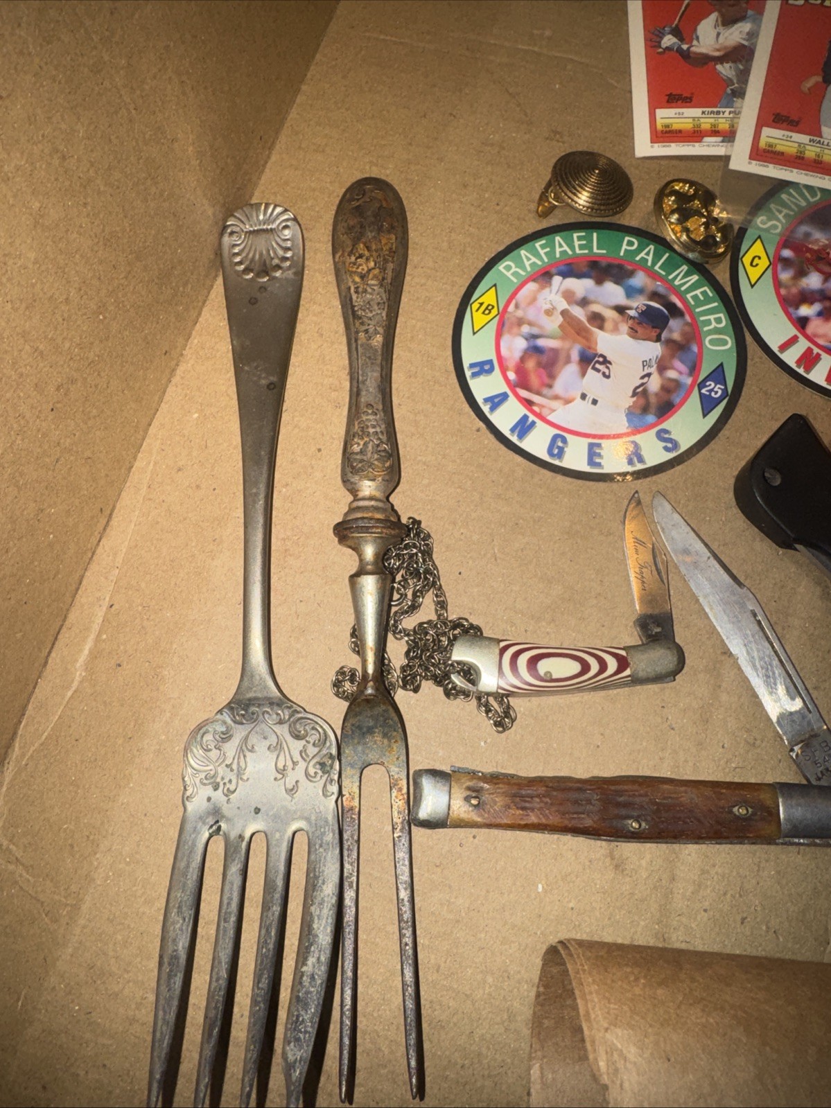 Junk Drawer Lot Watches Knives Baseball Silver Plate Flatware Vintage Antique