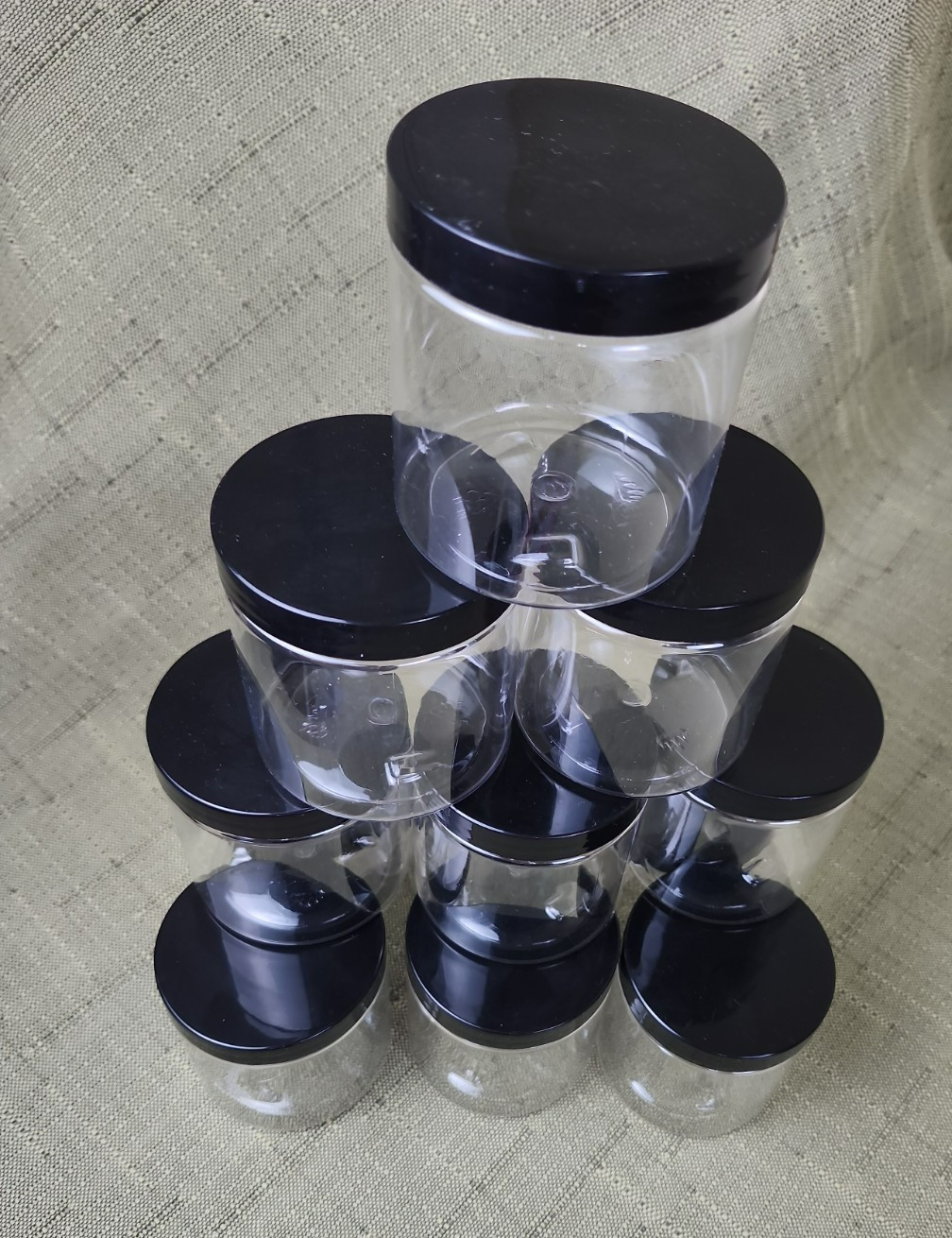 Junk Drawer Lot of 12 New Clear Plastic Containers with Black Lids
