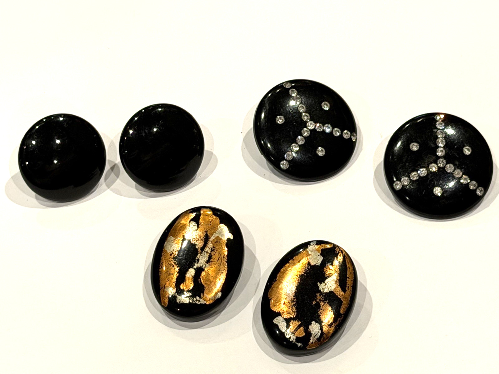 BLACK LACQUER GOLD LEAF FOIL SILVER COPPER RHINESTONE CLIP ON EARRINGS MCM LOT 3