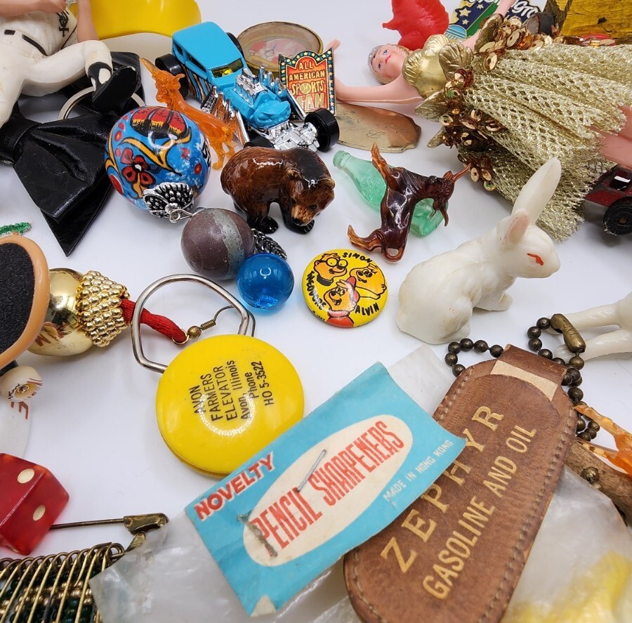 Vintage Antique Junk Drawer Lot Toys Keychain Pin Figurines Mixed Materials