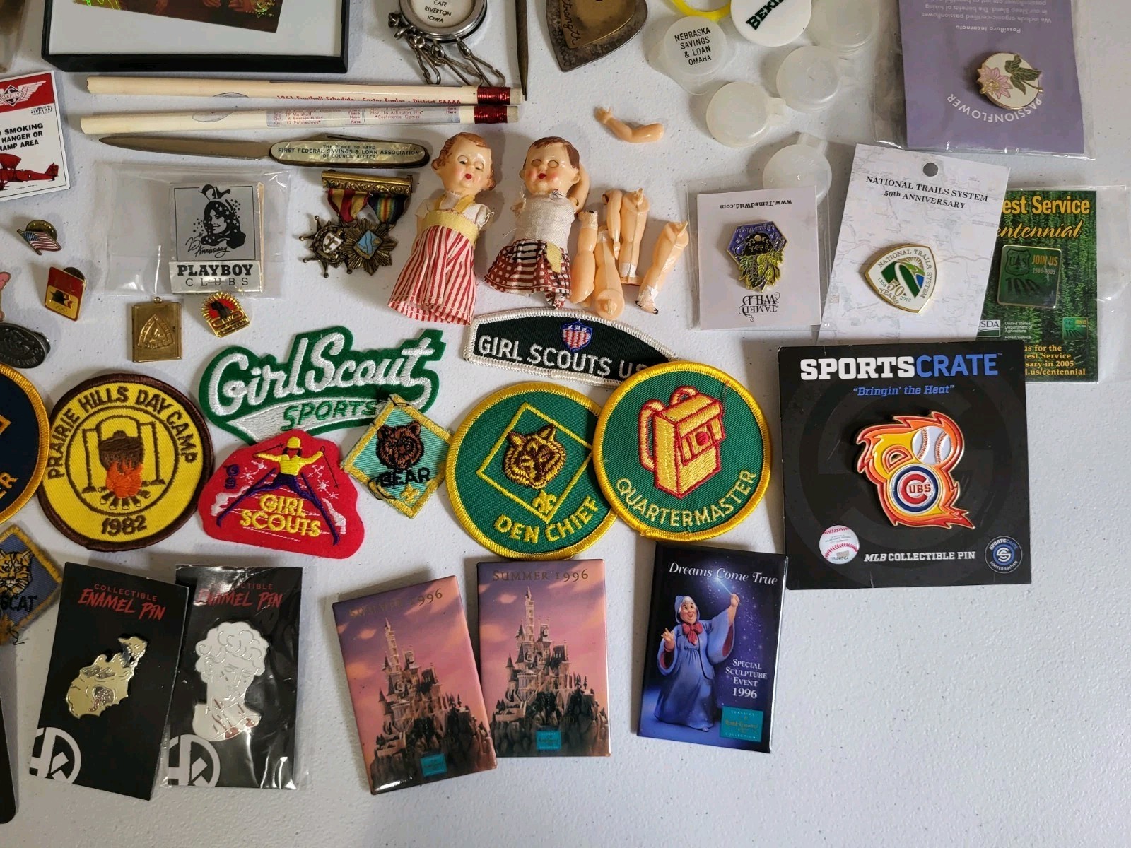 Vintage Mixed Junk Drawer Lot Estate Sale Find Pins Patches Jewelry Disney