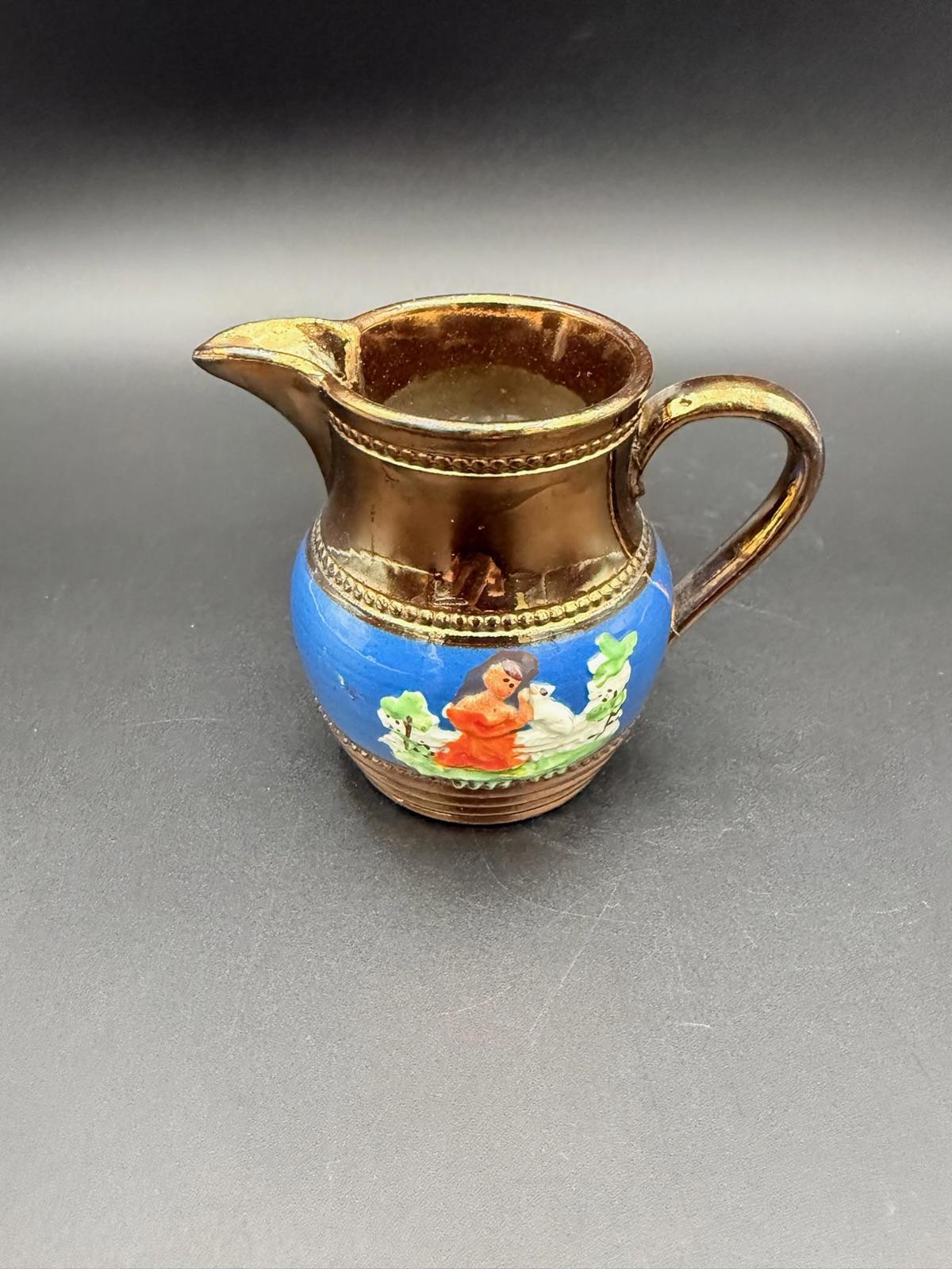 Antique Copper Lustreware Creamer – Girl with White Dog, English Pottery, 4”