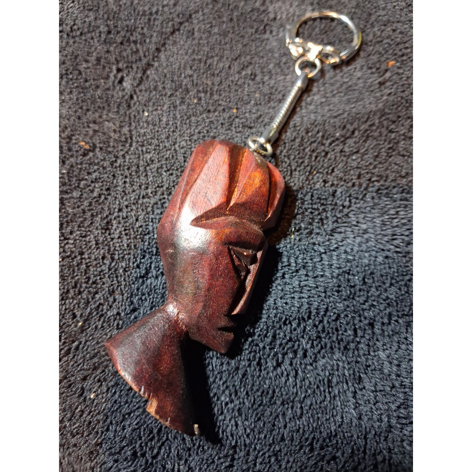 Vintage Hand Carved Wood African Bust Keychain Folk Art Tribal Style Dark Wood